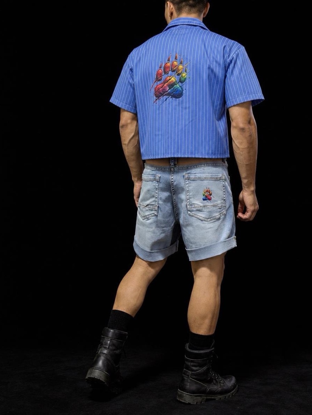 Men's Blue Pinstripe Short-Sleeve Button-Up Shirtww Rainbow Paw